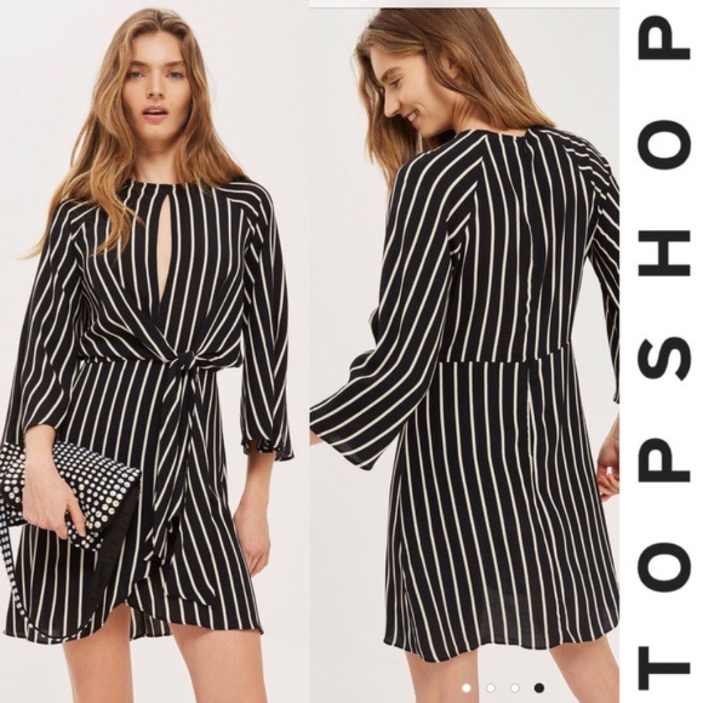 TOPSHOP Monochrome Striped Knot Front Mini Dress